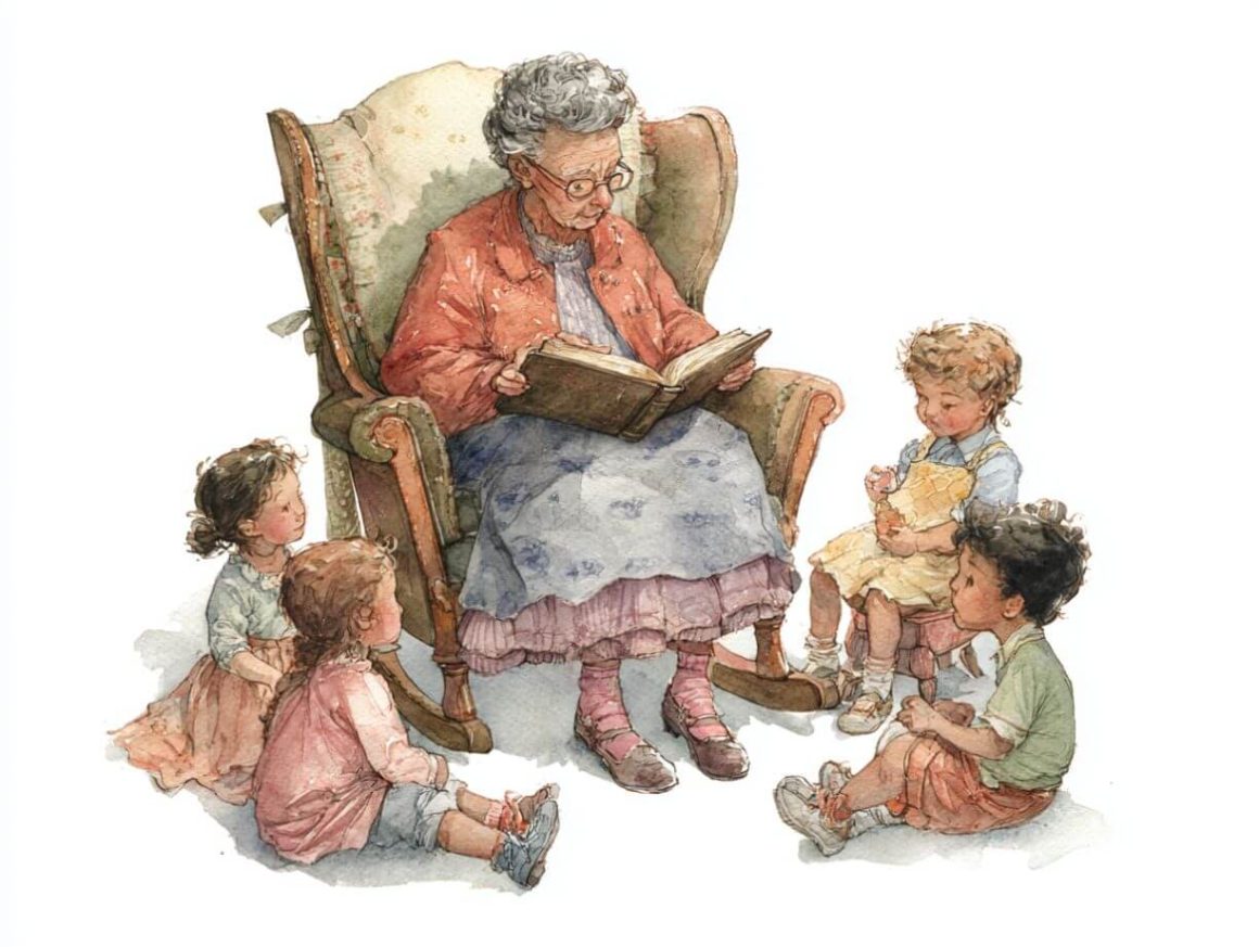 Grandmother reading to grandchildren